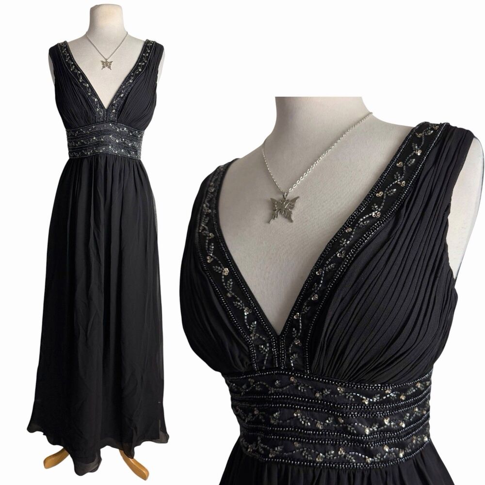 Oleg Cassini Black Silk Beaded Whimsigoth Maxi Dress Goth Evening Gown 4